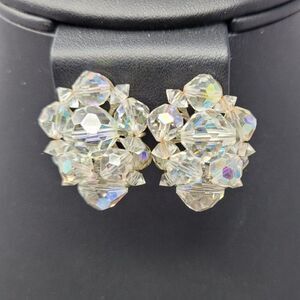 Vtg Crystal Cluster Clip-On Earrings Iridescent Aurora Borealis Collectible Gift